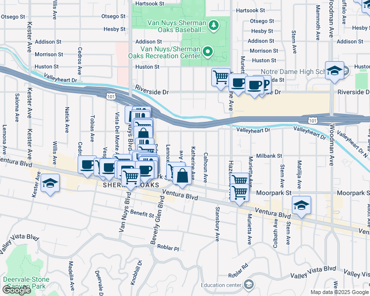 map of restaurants, bars, coffee shops, grocery stores, and more near 4520 Tyrone Avenue in Los Angeles