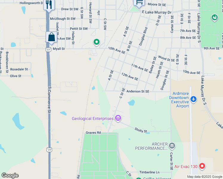map of restaurants, bars, coffee shops, grocery stores, and more near 141 Anderson Street Southeast in Ardmore