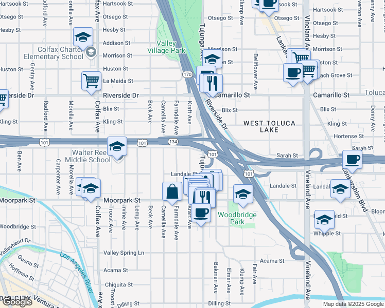 map of restaurants, bars, coffee shops, grocery stores, and more near 4548 Kraft Avenue in Los Angeles