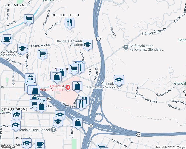 map of restaurants, bars, coffee shops, grocery stores, and more near 1909 Eden Avenue in Glendale