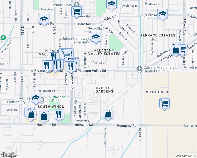 map of restaurants, bars, coffee shops, grocery stores, and more near 5203 Cypress Road in Oxnard