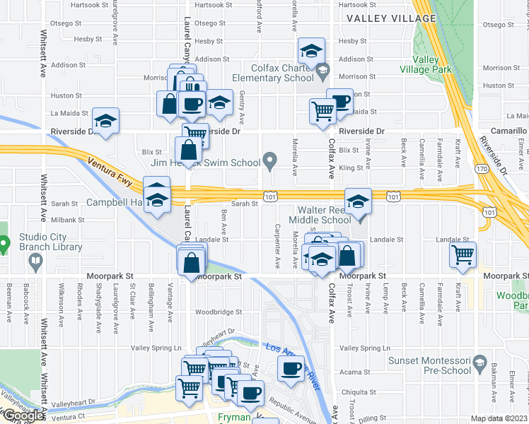 map of restaurants, bars, coffee shops, grocery stores, and more near 4550 Radford Avenue in Los Angeles