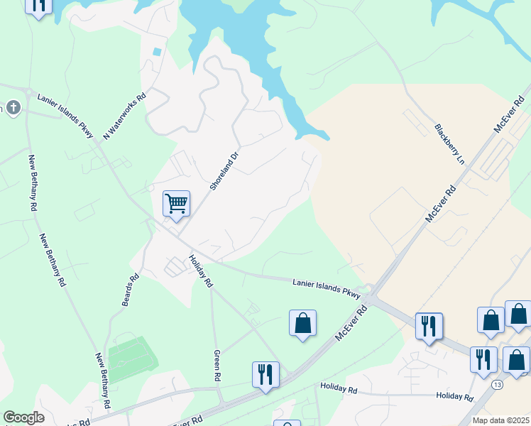 map of restaurants, bars, coffee shops, grocery stores, and more near 3250 Lee Drive in Buford