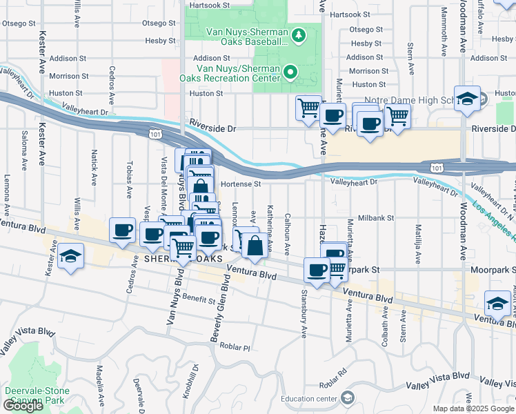 map of restaurants, bars, coffee shops, grocery stores, and more near 4520 Tyrone Avenue in Los Angeles