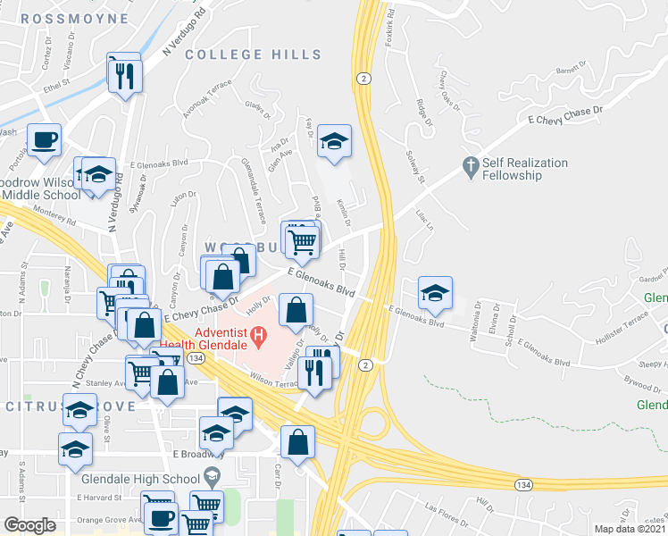 map of restaurants, bars, coffee shops, grocery stores, and more near 425 Hill Drive in Glendale