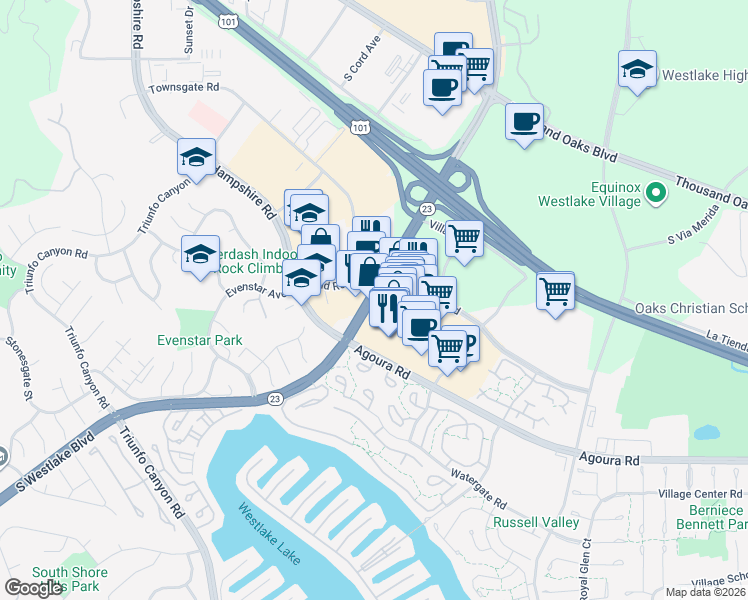 map of restaurants, bars, coffee shops, grocery stores, and more near 970 South Westlake Boulevard in Thousand Oaks