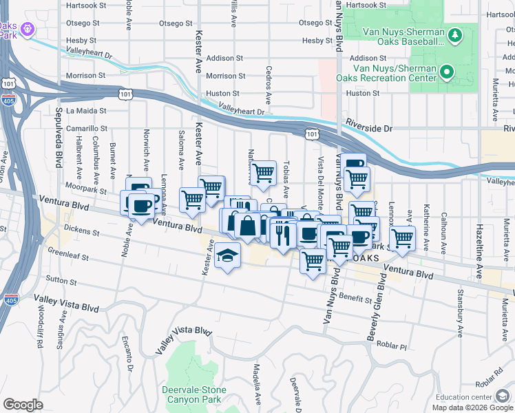 map of restaurants, bars, coffee shops, grocery stores, and more near 4520 Natick Avenue in Los Angeles