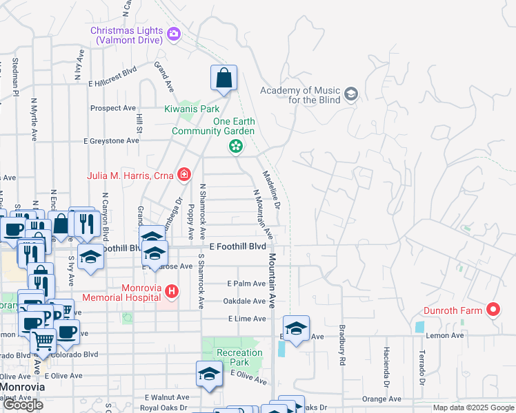 map of restaurants, bars, coffee shops, grocery stores, and more near 157 North Mountain Avenue in Monrovia