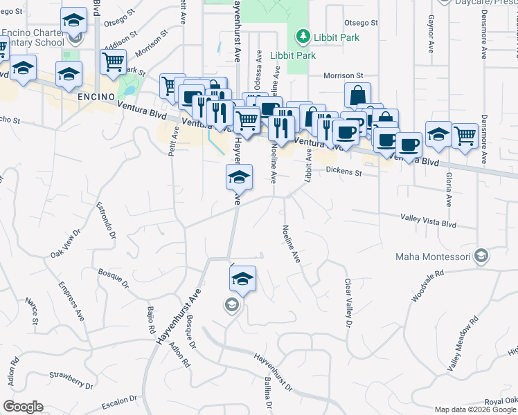 map of restaurants, bars, coffee shops, grocery stores, and more near 4536 Libbit Avenue in Los Angeles