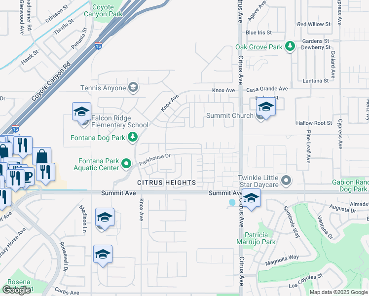 map of restaurants, bars, coffee shops, grocery stores, and more near 15846 Parkhouse Drive in Fontana