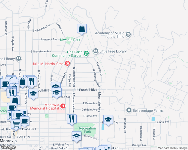 map of restaurants, bars, coffee shops, grocery stores, and more near 157 North Mountain Avenue in Monrovia