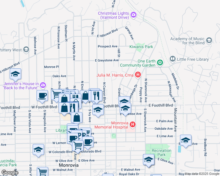 map of restaurants, bars, coffee shops, grocery stores, and more near 159 Poinsettia Avenue in Monrovia