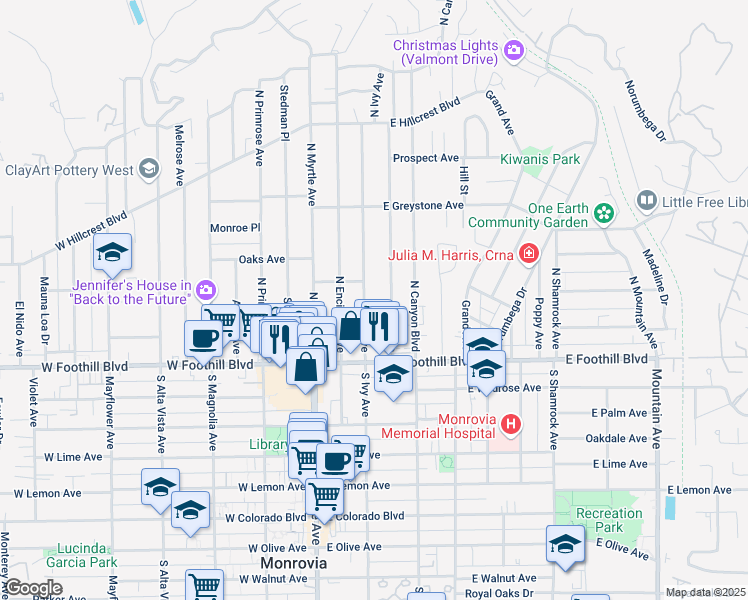 map of restaurants, bars, coffee shops, grocery stores, and more near 159 North Ivy Avenue in Monrovia