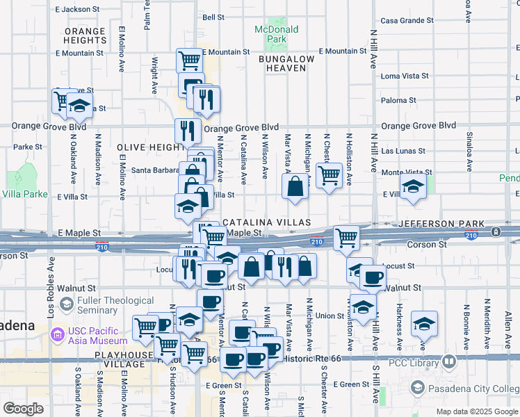 map of restaurants, bars, coffee shops, grocery stores, and more near 432 North Wilson Avenue in Pasadena