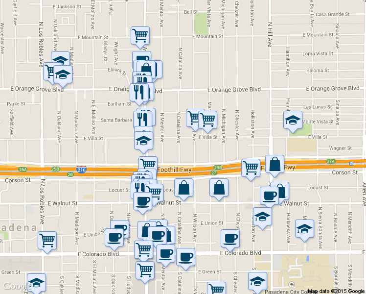 map of restaurants, bars, coffee shops, grocery stores, and more near 437 North Catalina Avenue in Pasadena