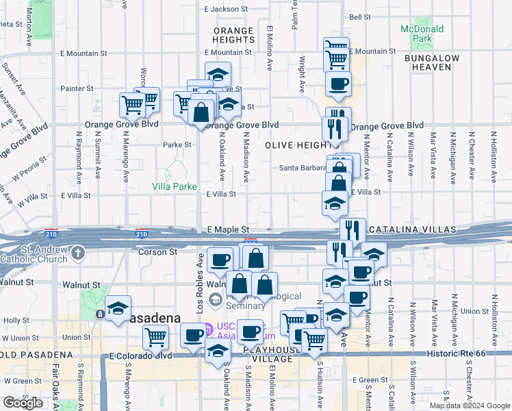 map of restaurants, bars, coffee shops, grocery stores, and more near 425 North Madison Avenue in Pasadena