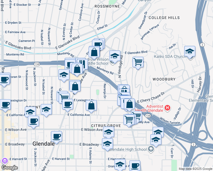 map of restaurants, bars, coffee shops, grocery stores, and more near 521 Galer Place in Glendale