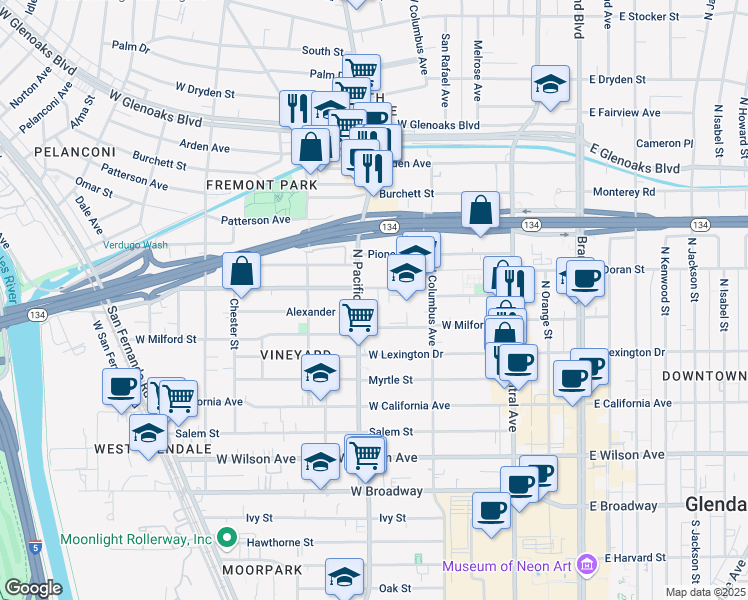 map of restaurants, bars, coffee shops, grocery stores, and more near 501 Alexander Street in Glendale