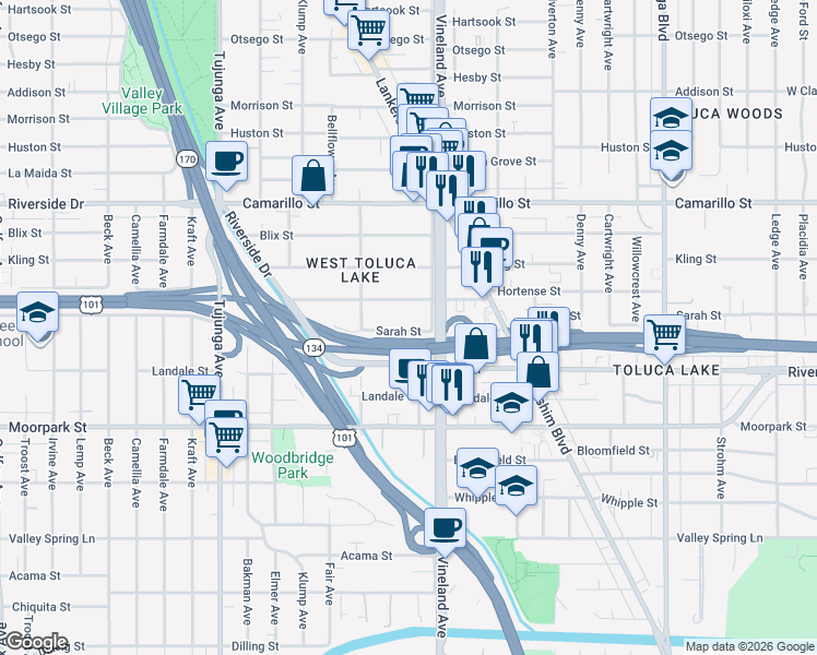map of restaurants, bars, coffee shops, grocery stores, and more near 11009 Sarah Street in Los Angeles