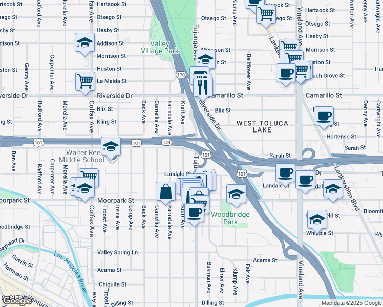 map of restaurants, bars, coffee shops, grocery stores, and more near 4548 Kraft Avenue in Los Angeles