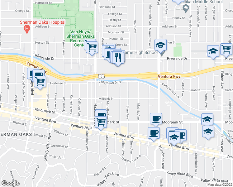 map of restaurants, bars, coffee shops, grocery stores, and more near 4505 Colbath Avenue in Los Angeles