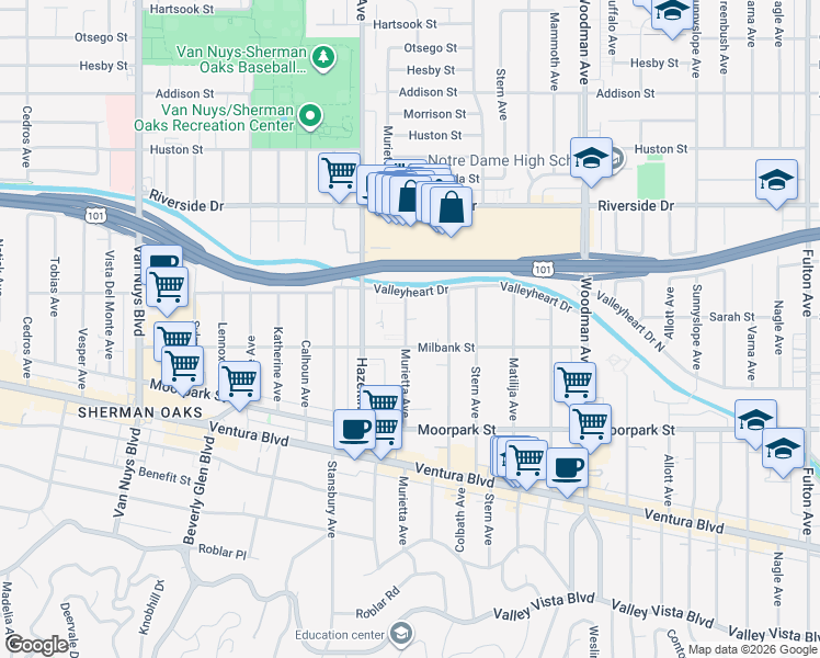 map of restaurants, bars, coffee shops, grocery stores, and more near 4525 Murietta Avenue in Los Angeles