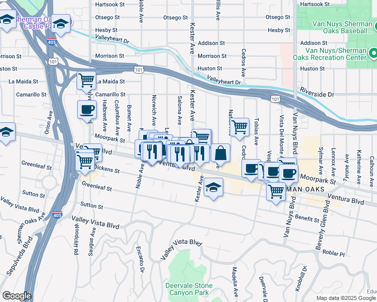 map of restaurants, bars, coffee shops, grocery stores, and more near 14911 Moorpark Street in Los Angeles