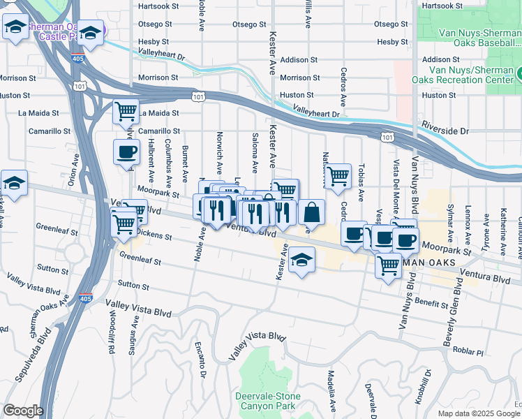 map of restaurants, bars, coffee shops, grocery stores, and more near 14911 Moorpark Street in Los Angeles