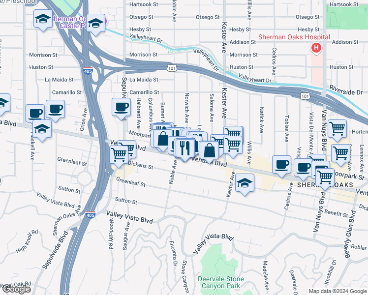 map of restaurants, bars, coffee shops, grocery stores, and more near 15040 Moorpark Street in Los Angeles