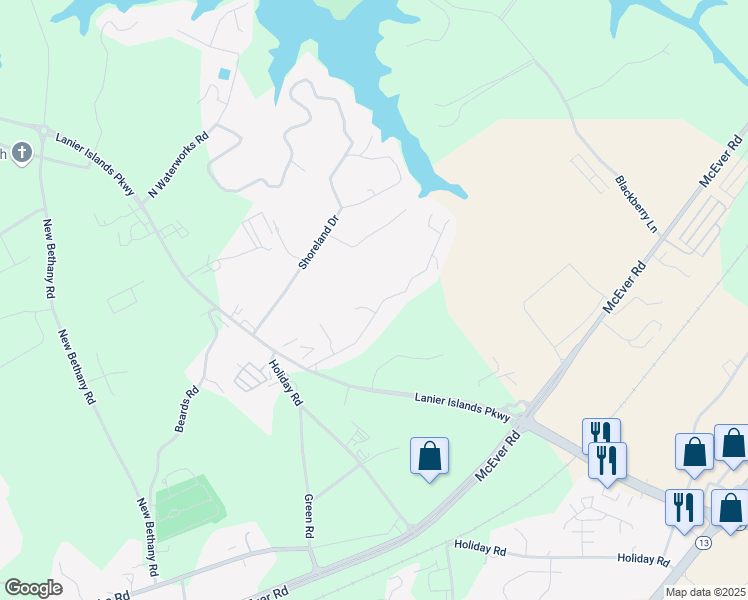 map of restaurants, bars, coffee shops, grocery stores, and more near 3250 Lee Drive in Buford