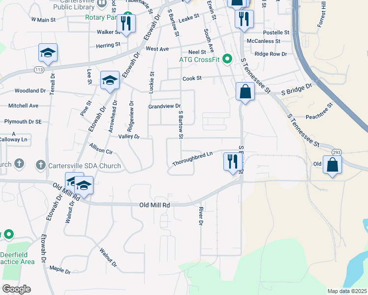 map of restaurants, bars, coffee shops, grocery stores, and more near 704 South Bartow Street in Cartersville