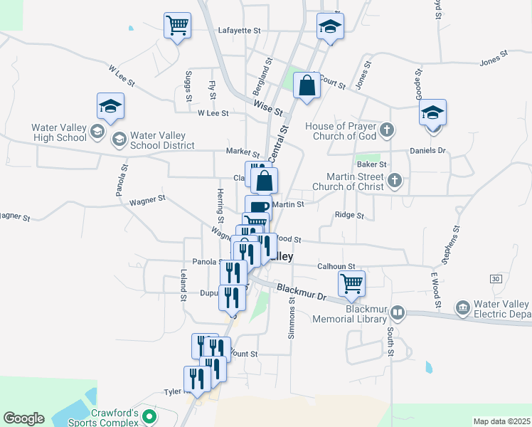 map of restaurants, bars, coffee shops, grocery stores, and more near 501-599 North Main Street in Water Valley