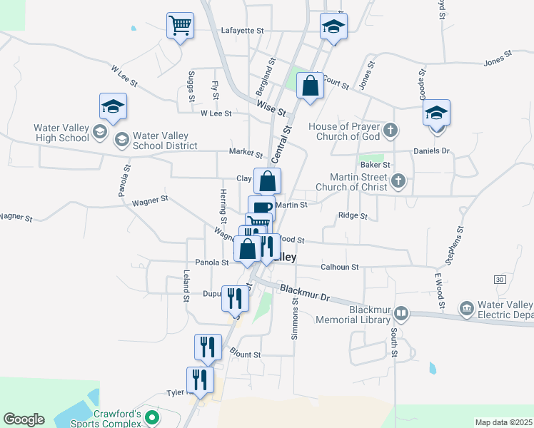 map of restaurants, bars, coffee shops, grocery stores, and more near 501-599 North Main Street in Water Valley