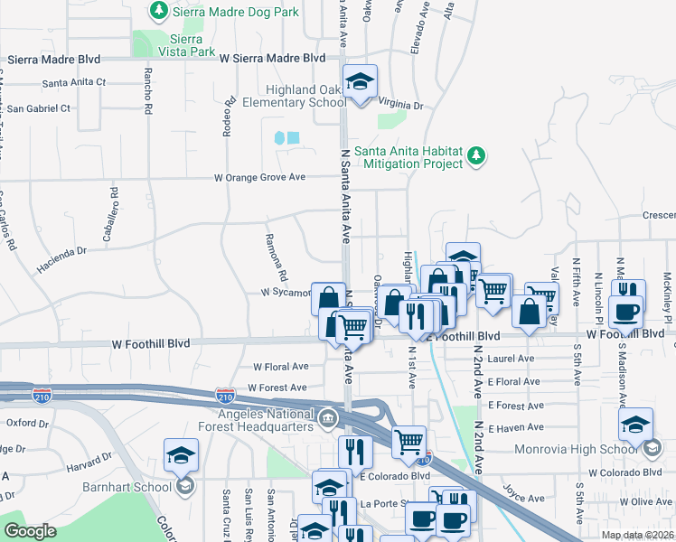 map of restaurants, bars, coffee shops, grocery stores, and more near 6 Woodland Lane in Arcadia