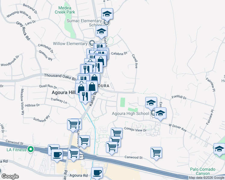 map of restaurants, bars, coffee shops, grocery stores, and more near 28915 Thousand Oaks Boulevard in Agoura Hills