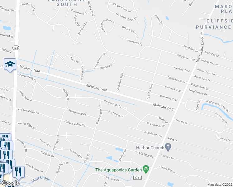 map of restaurants, bars, coffee shops, grocery stores, and more near 242 Mohican Trail in Wilmington