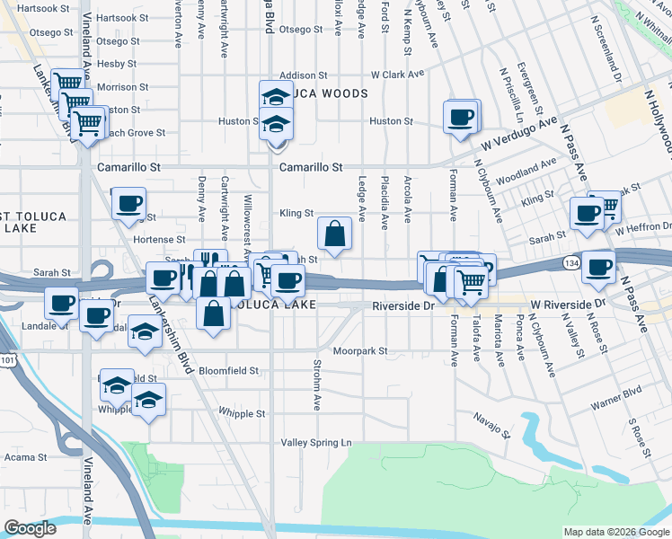 map of restaurants, bars, coffee shops, grocery stores, and more near 4547 Biloxi Avenue in Los Angeles