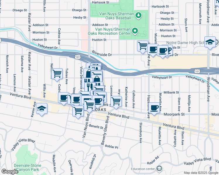 map of restaurants, bars, coffee shops, grocery stores, and more near 4519 Lennox Avenue in Los Angeles