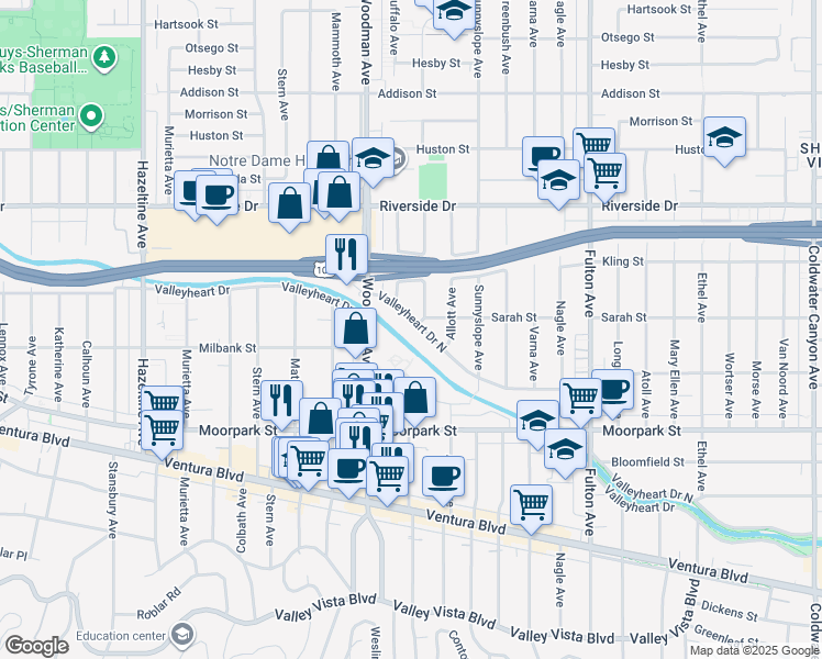 map of restaurants, bars, coffee shops, grocery stores, and more near 13600 Valleyheart Drive North in Los Angeles