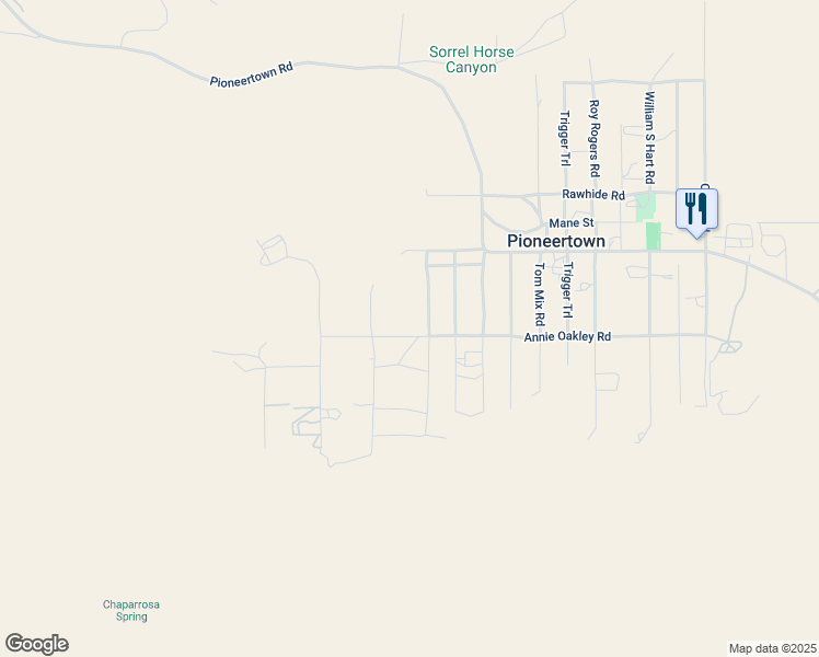 map of restaurants, bars, coffee shops, grocery stores, and more near Annie Oakley Road in Pioneertown