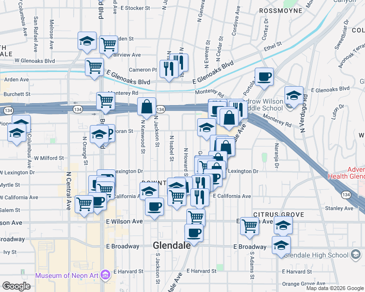 map of restaurants, bars, coffee shops, grocery stores, and more near 515 North Howard Street in Glendale