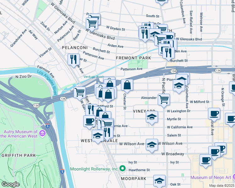 map of restaurants, bars, coffee shops, grocery stores, and more near 533 Chester Street in Glendale