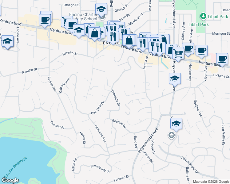 map of restaurants, bars, coffee shops, grocery stores, and more near 4540 Estrondo Drive in Los Angeles
