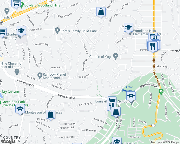 map of restaurants, bars, coffee shops, grocery stores, and more near 4705 Excelente Drive in Los Angeles