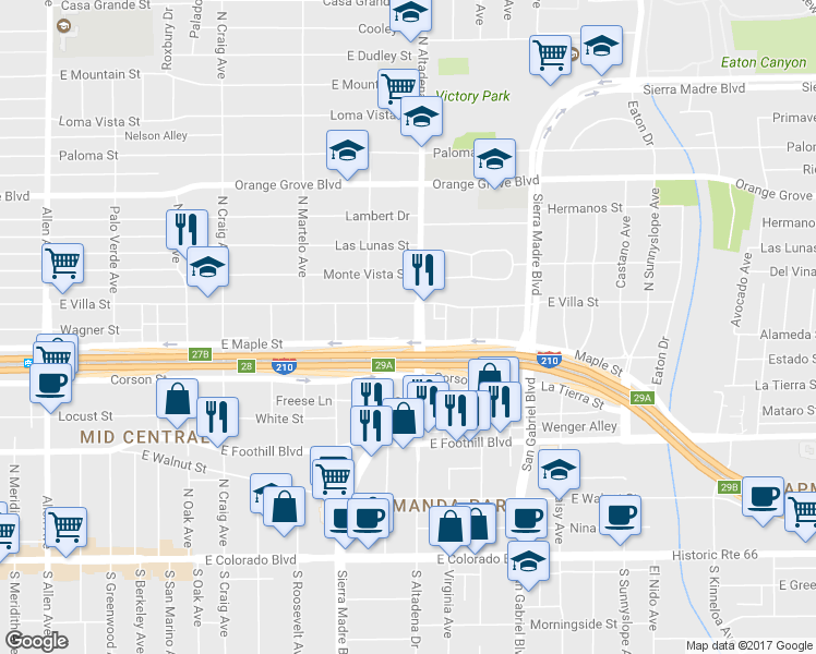 map of restaurants, bars, coffee shops, grocery stores, and more near 453 North Altadena Drive in Pasadena