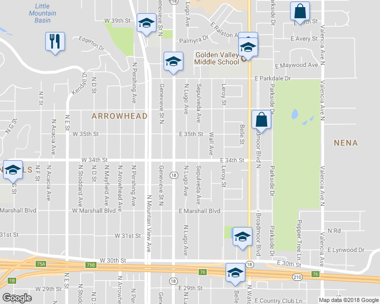 map of restaurants, bars, coffee shops, grocery stores, and more near 3423 North Lugo Avenue in San Bernardino