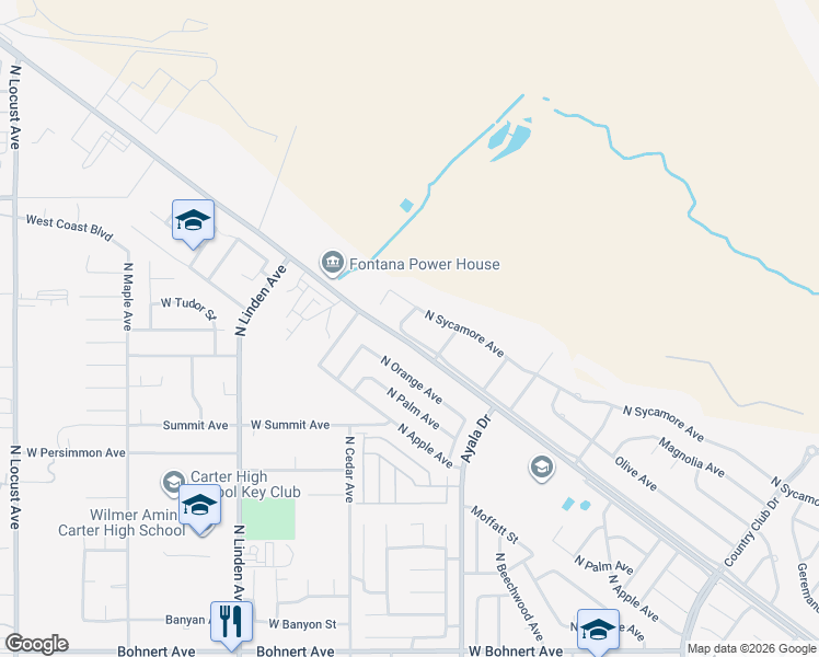map of restaurants, bars, coffee shops, grocery stores, and more near 3017 Riverside Avenue in Rialto
