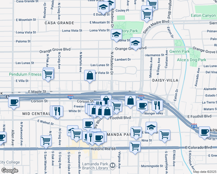 map of restaurants, bars, coffee shops, grocery stores, and more near 453 North Altadena Drive in Pasadena