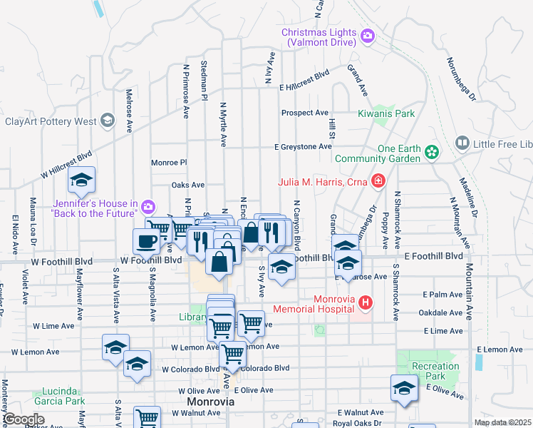 map of restaurants, bars, coffee shops, grocery stores, and more near 159 North Ivy Avenue in Monrovia