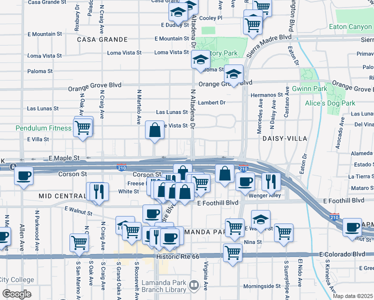 map of restaurants, bars, coffee shops, grocery stores, and more near 453 North Altadena Drive in Pasadena